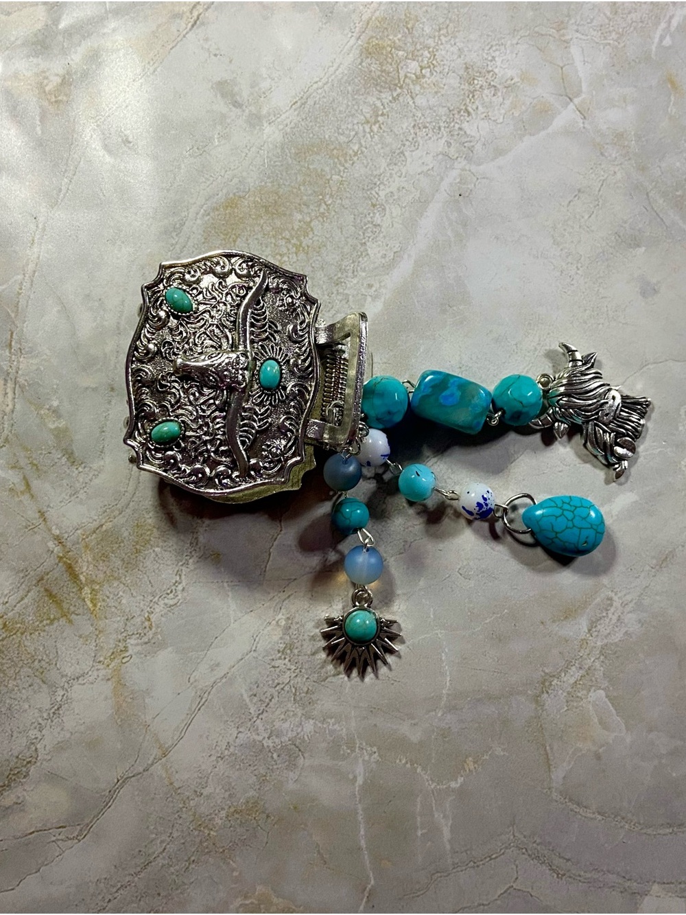 Hand Crafted Turquoise & Silver Ornate Hair Clip with Beaded Charms